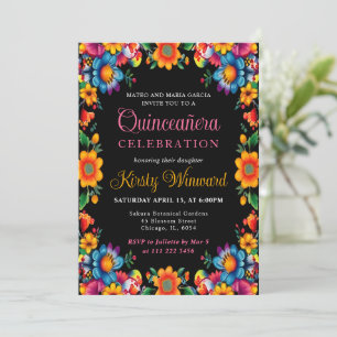 Mexican Fiesta Floral Black Quinceanera Invitation