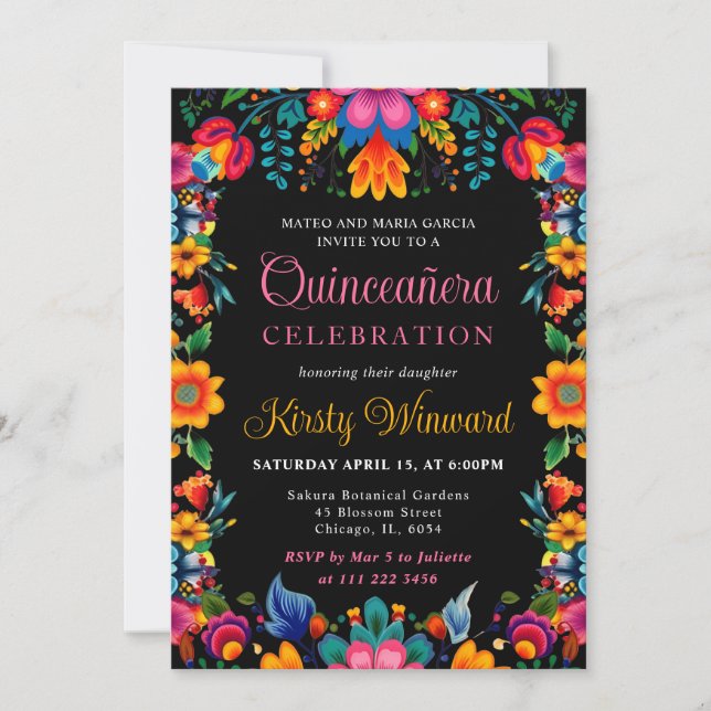 Mexican Fiesta Floral Black Quinceanera Invitation (Front)