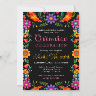 Mexican Fiesta Floral Black Quinceanera Invitation