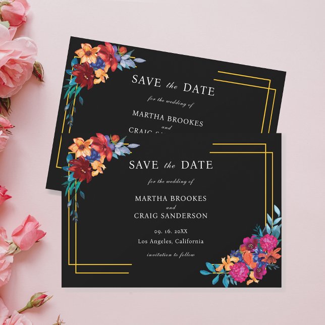 Mexican Fiesta Floral Black Wedding Save the Date Invitation (Creator Uploaded)