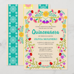 Mexican Fiesta Floral Champagne Quinceanera Invitation