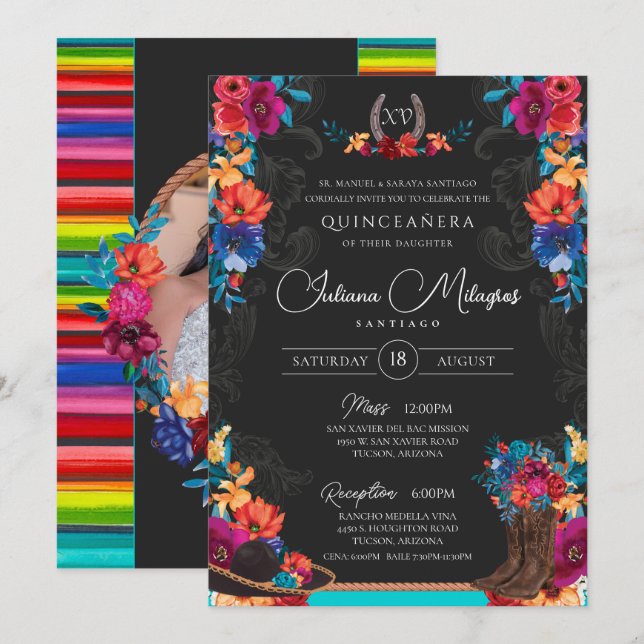 Mexican Fiesta Floral Charro Photo Quinceanera Invitation (Front/Back)