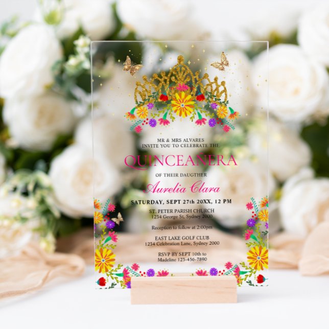 Mexican Fiesta Floral Gold Tiara Quinceanera Acrylic Invitations (Creator Uploaded)