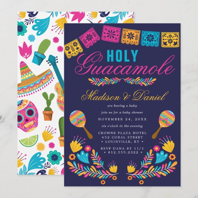 Mexican Fiesta Floral Holy Guacamole Baby Shower Invitation (Front/Back)