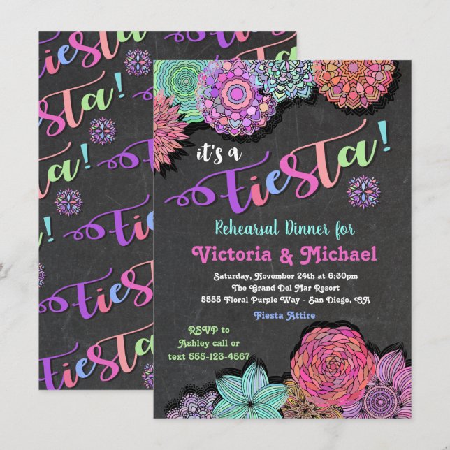 Mexican Fiesta Floral Mandala Rehearsal Dinner Invitation (Front/Back)