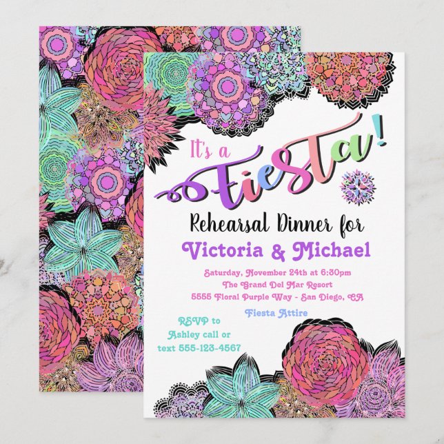 Mexican Fiesta Floral Mandala Rehearsal Dinner Invitation (Front/Back)