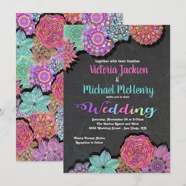 Mexican Fiesta Floral Mandala Wedding Invitations (Front/Back)