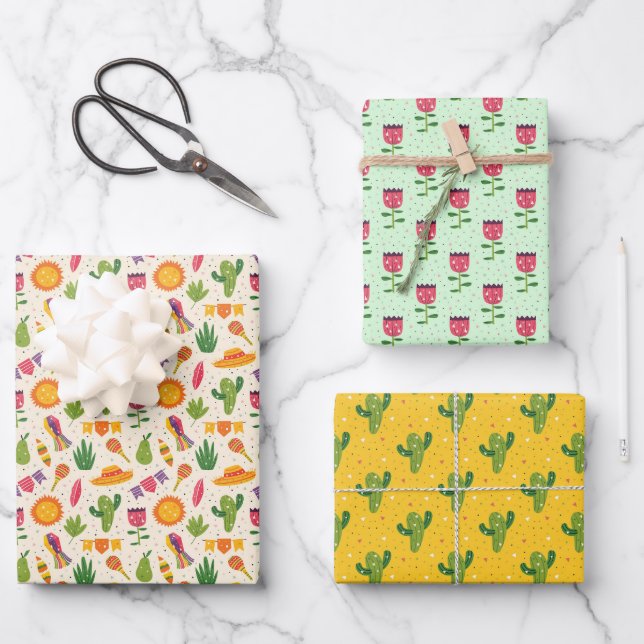 Mexican Fiesta Floral Party Maracas Cactus Wrapping Paper Sheet (Front)
