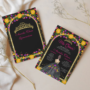 Mexican Fiesta Floral Princess Gold Quinceanera Invitation