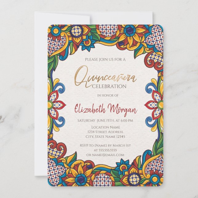 Mexican Fiesta Floral Quinceañera   Invitation (Front)