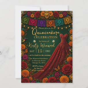 Mexican Fiesta Floral Red Dress Quinceanera Invitation