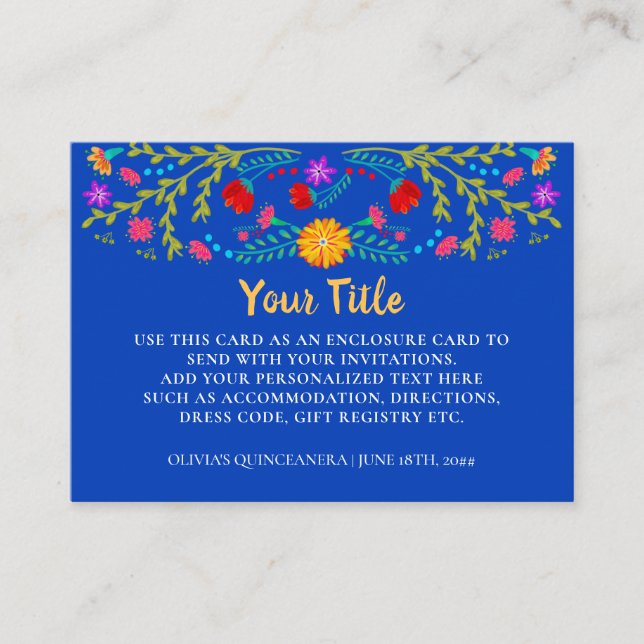 Mexican Fiesta Floral Royal Blue Reception Enclosure Card (Front)