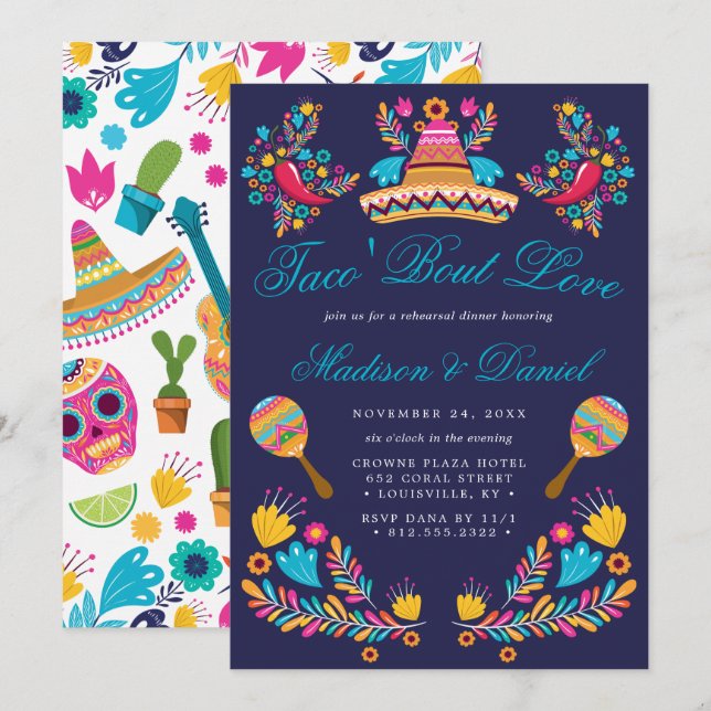 Mexican Fiesta Floral Sombrero Rehearsal Dinner Invitation (Front/Back)