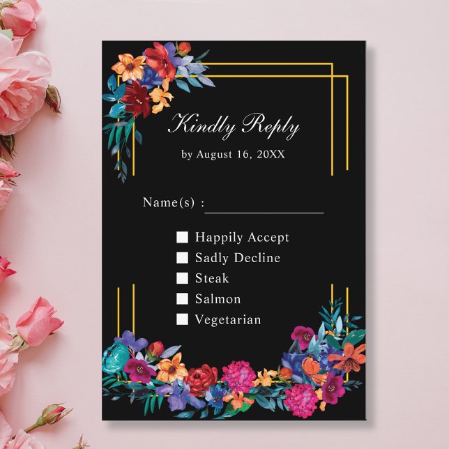 Mexican Fiesta Floral Wedding Black RSVP Card (Creator Uploaded)