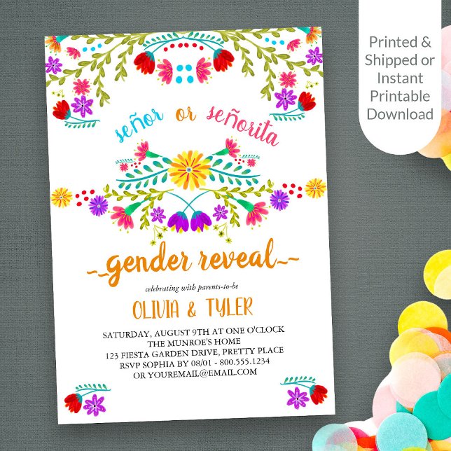 Mexican Fiesta Floral White Colourful Gender Revea Invitation (Gender Reveal invitation with Colorful Mexican Fiesta Floral design on white)