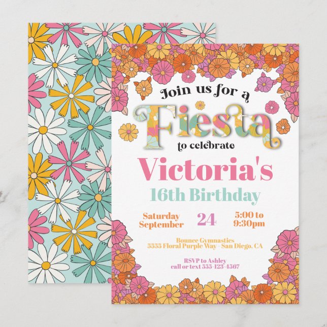 Mexican Fiesta Flower Power Modern Retro Birthday Invitation (Front/Back)