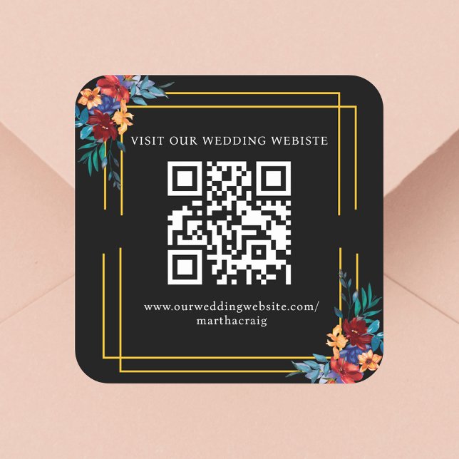 Mexican Fiesta Flower Wedding QR Code Black Square Sticker (Creator Uploaded)
