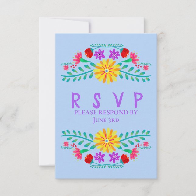 Mexican Fiesta Flowers Light Blue Quinceanera RSVP Card (Front)