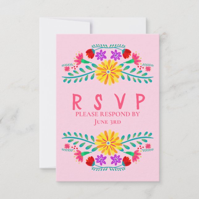Mexican Fiesta Flowers Pink Quinceanera RSVP Card (Front)