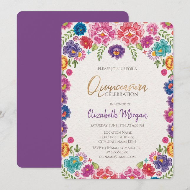 Mexican Fiesta Flowers Quinceañera  Invitation (Front/Back)
