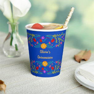 Mexican Fiesta Flowers Royal Blue Paper Cups