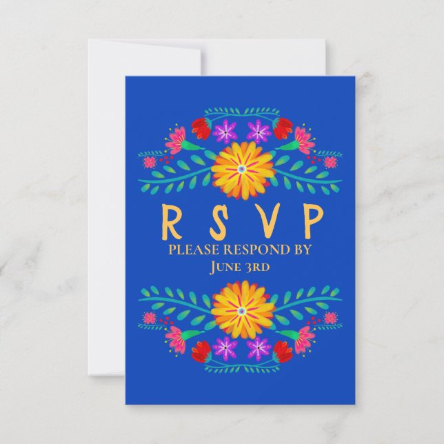 Mexican Fiesta Flowers Royal Blue Quinceanera RSVP Card (Front)