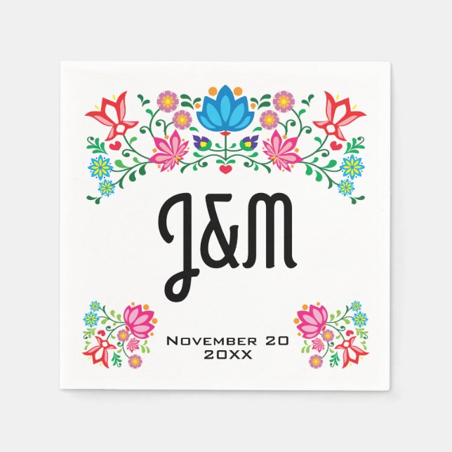 Mexican Fiesta Folk Art Floral initials Wedding Napkin (Front)