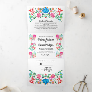 Mexican Fiesta Folk Art Floral Wedding Tri-Fold Invitation