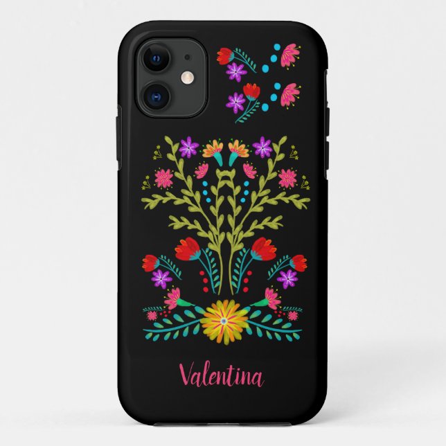 Mexican Fiesta Folk Art Flowers Black Personalised Case-Mate iPhone Case (Back)