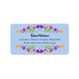 Mexican Fiesta Folk Art Flowers Light Blue Address Label