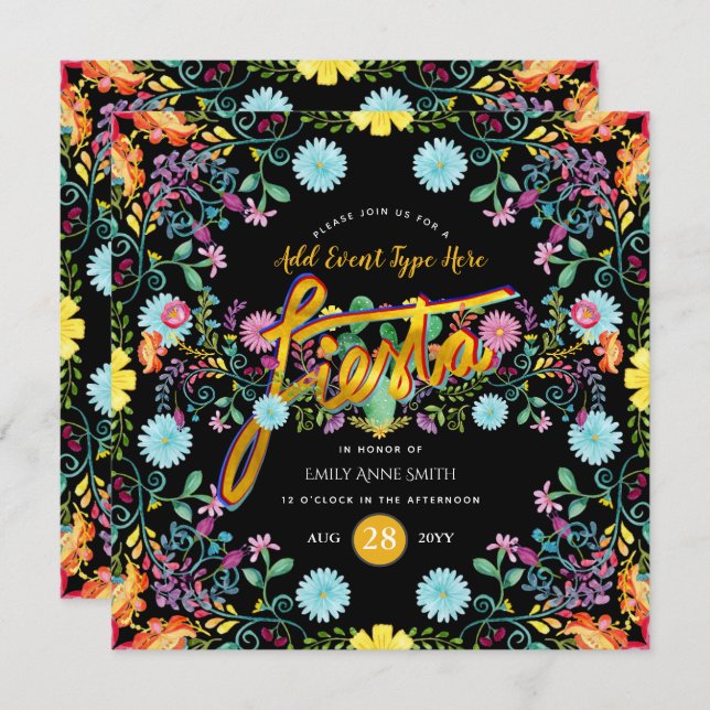Mexican Fiesta Folk Flowers Llama Gold ANY EVENT Invitation (Front/Back)