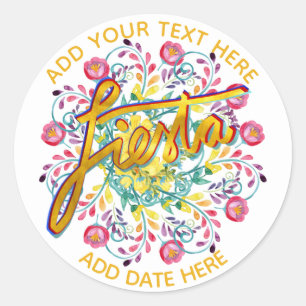Mexican Fiesta Folk Flowers Personalised White Classic Round Sticker