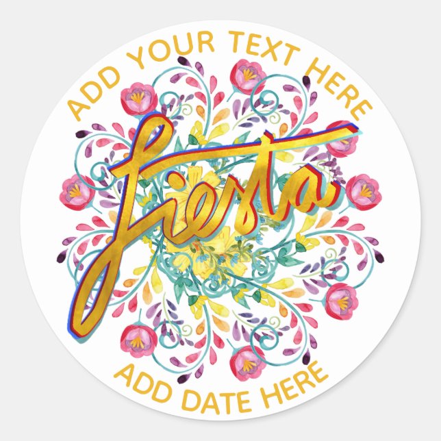 Mexican Fiesta Folk Flowers Personalised White Classic Round Sticker (Front)