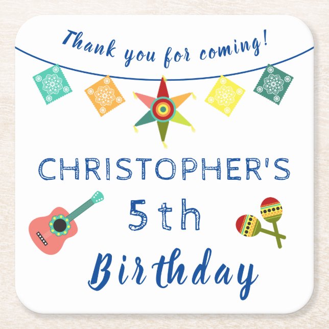 Mexican Fiesta Fun Colourful Kids Birthday Party   Square Paper Coaster (Front)