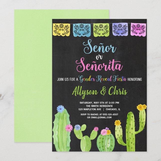 Mexican fiesta gender reveal invitation (Front/Back)