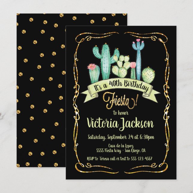 Mexican Fiesta gold glitter birthday invitation (Front/Back)