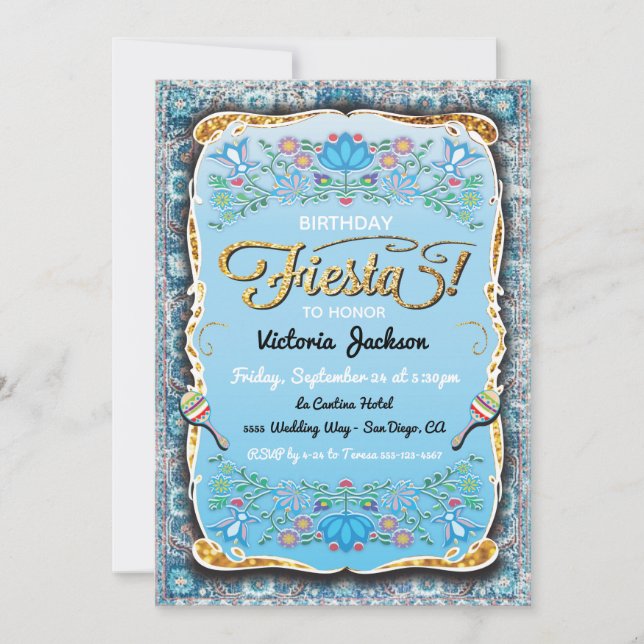 Mexican Fiesta Gold Glitter Birthday Invitation (Front)