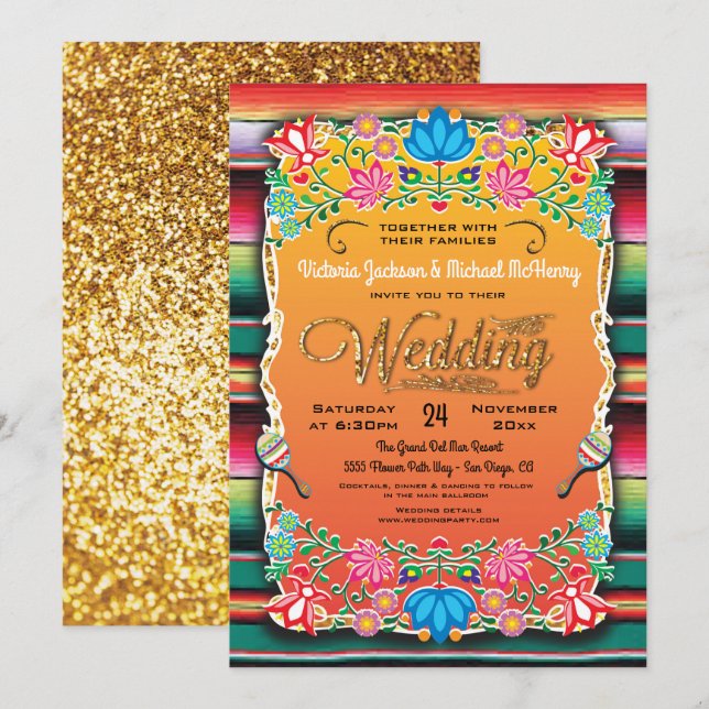 Mexican Fiesta Gold Glitter Wedding Invitation (Front/Back)