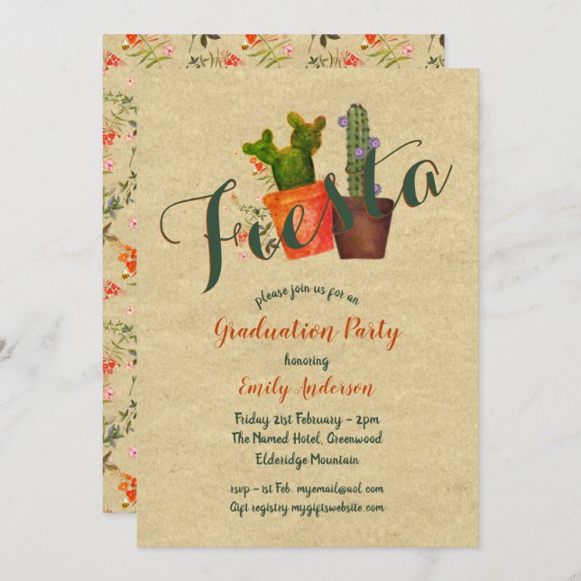 Mexican Fiesta Graduation Party Rustic Cacti Invitation (Front/Back)