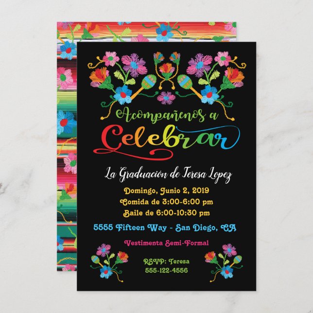 Mexican Fiesta Graduation Party with embroidery Invitation (Front/Back)