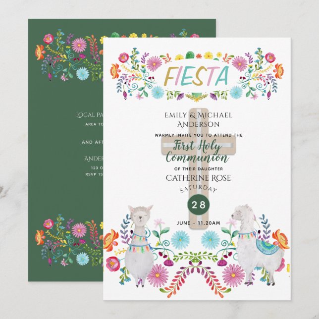 Mexican Fiesta HOLY COMMUNION Folk Flowers Llama Invitation (Front/Back)