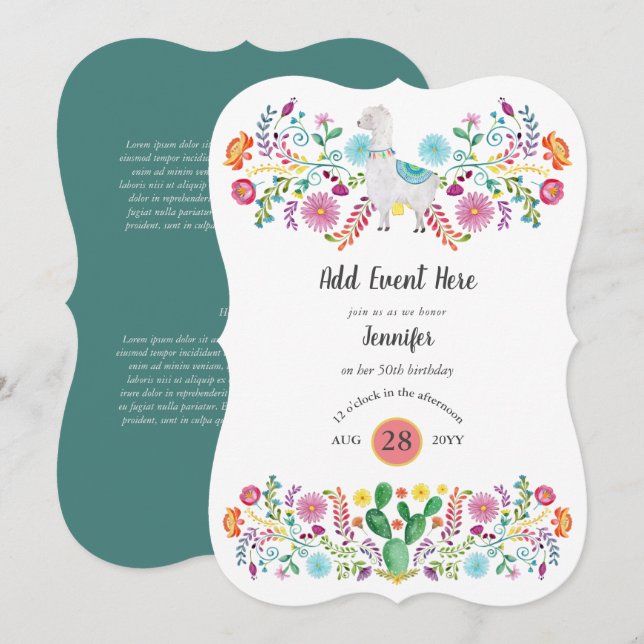 Mexican Fiesta Llama Folk Flowers Cacti ANY EVENT  Invitation (Front/Back)
