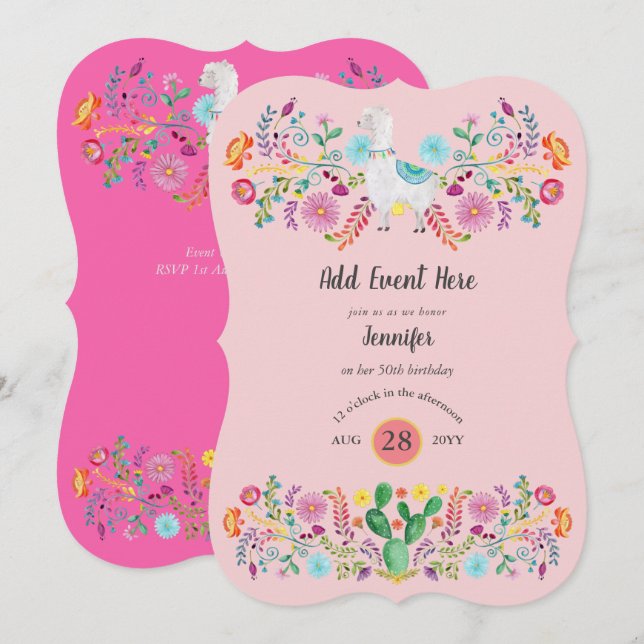 Mexican Fiesta Llama Folk Flowers Cacti ANY EVENT Invitation (Front/Back)