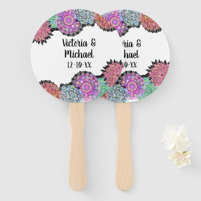 Mexican Fiesta Mandala flowers Hand Fans (Front and Back)