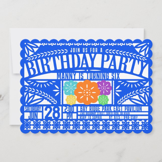 Mexican Fiesta Papel Picado Flag BLUE Birthday Invitation (Front)