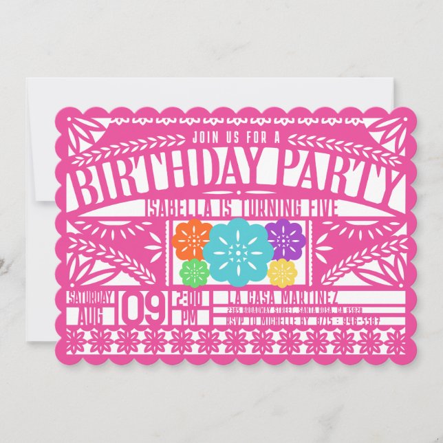 Mexican Fiesta Papel Picado Flag PINK Birthday Invitation (Front)