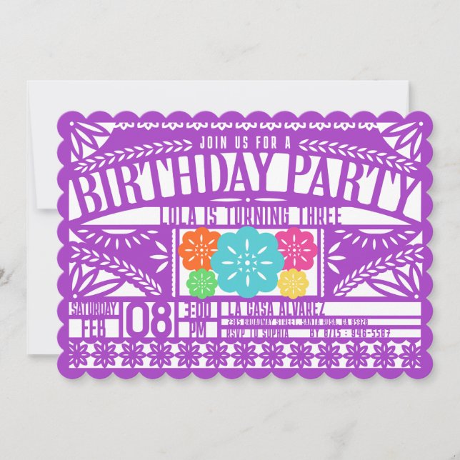 Mexican Fiesta Papel Picado Flag PURPLE Birthday Invitation (Front)