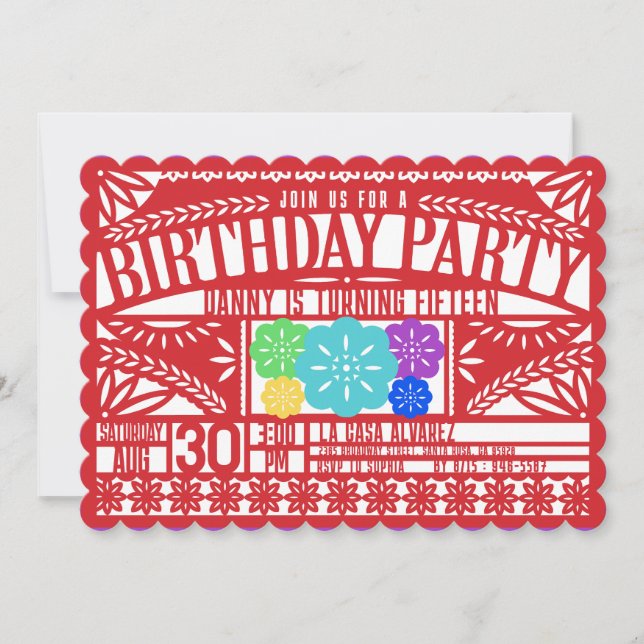 Mexican Fiesta Papel Picado Flag RED Birthday Invitation (Front)