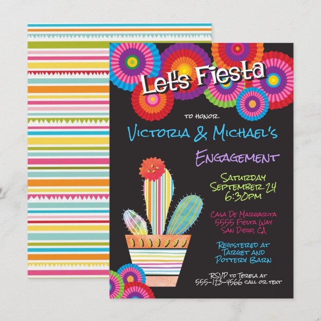 Mexican Fiesta Paper Flowers cactus invitations (Front/Back)