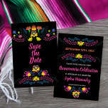 Mexican Fiesta Party Black Floral Save The Date<br><div class="desc">Mexican Floral Save the Date card in colourful Mexican Fiesta folk art flowers. The design is decorated both sides and the template is set up ready for you to add your special date, your name, the occasion and custom text to the back The design can be customised to suit any...</div>